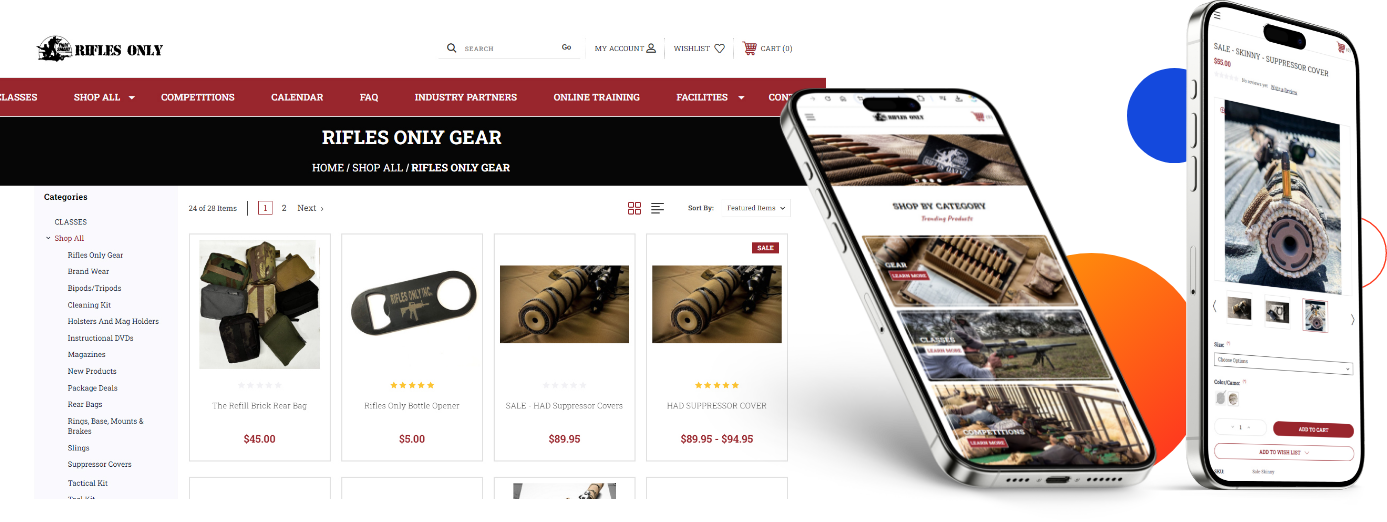 Rifles Only website product page mockup after eCommerce platform migration on three different devices.