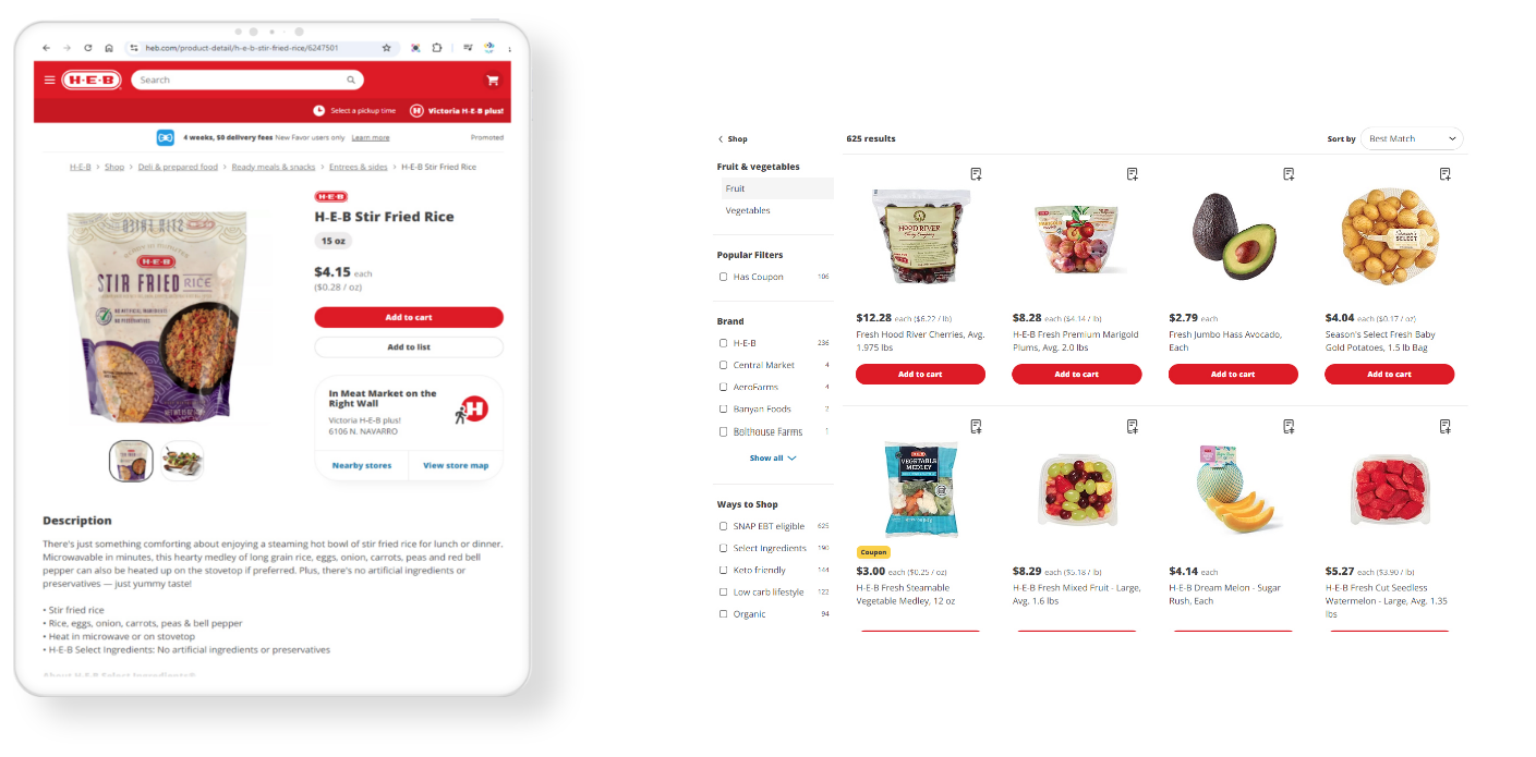 H-E-B product page mockup after a mobile-friendly website design in landscape and portrait mode.