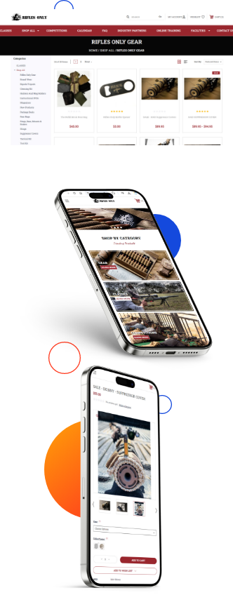 Rifles Only website product page mockup after eCommerce platform migration on three different devices.