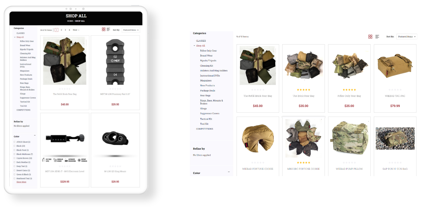 Rifles Only website product page mockup after eCommerce platform migration in landscape and portrait modes .