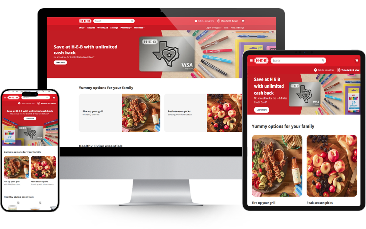 H-E-B homepage mockup after mobile friendly website design on desktop, tablet, and mobile devices.