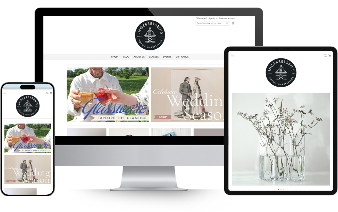 Mockup of Ingebretsens homepage after Magento 1 to 2 migration on desktop, mobile, and tablet devices.