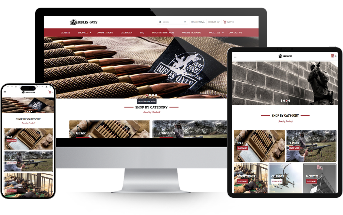 Rifles Only home page mockup in after eCommerce platform migration in desktop, mobile, and tablet devices .