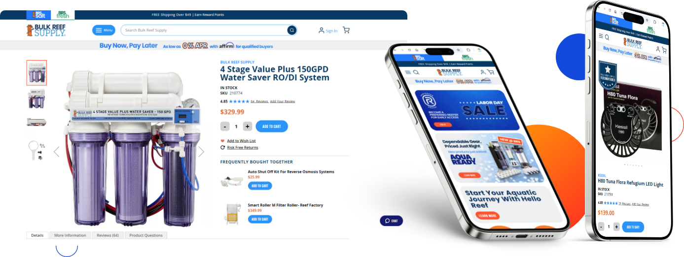Bulk Reef Supply website mockup after Magento 2 migration on three different devices.
