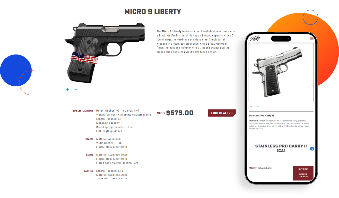 Kimber America website product details page mockup featuring Magento RMA Integration on desktop and mobile devices.