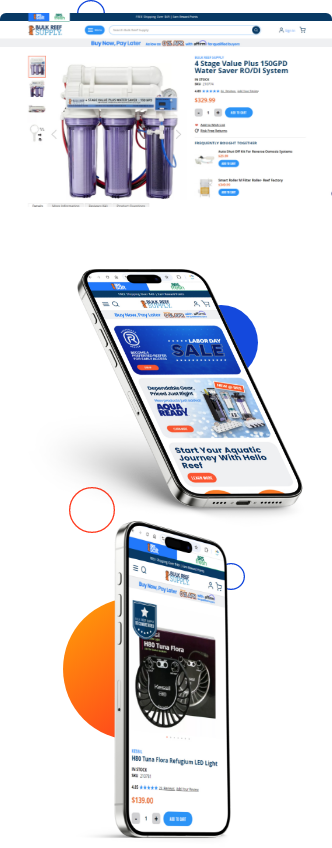 Bulk Reef Supply website mockup after Magento 2 migration on three different devices.