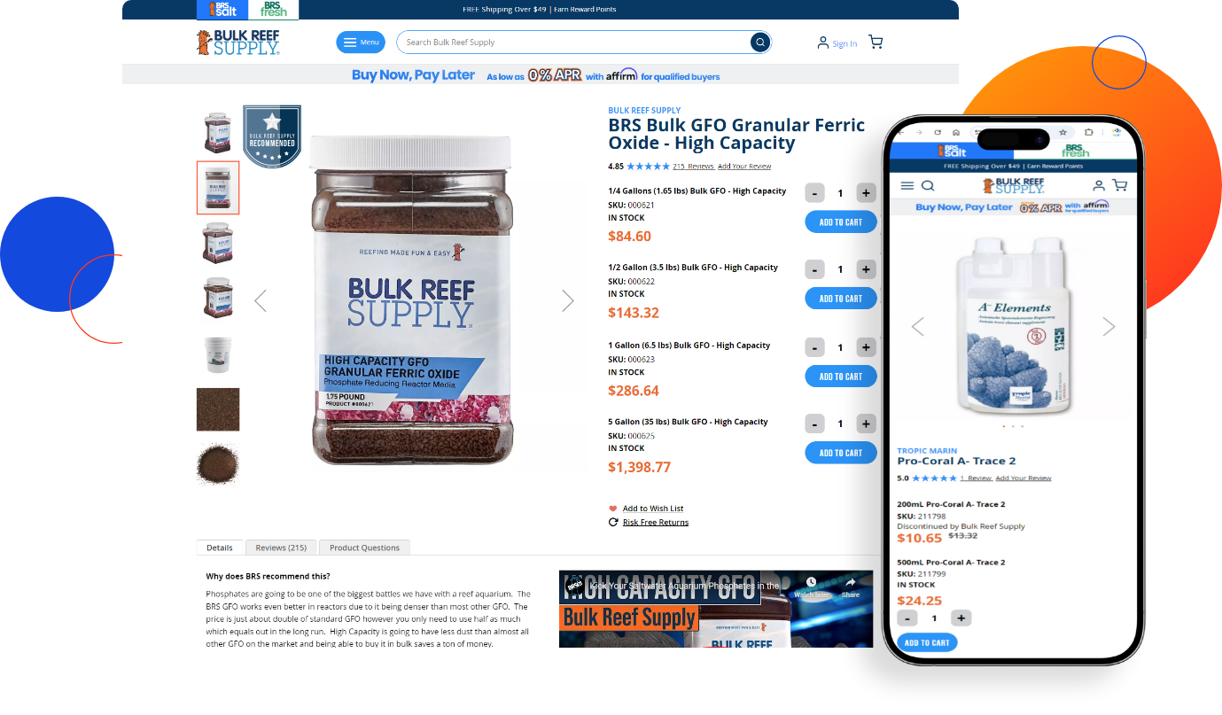 Bulk Reef Supply product details page mockup after Magento 2 migration on desktop and mobile devices.