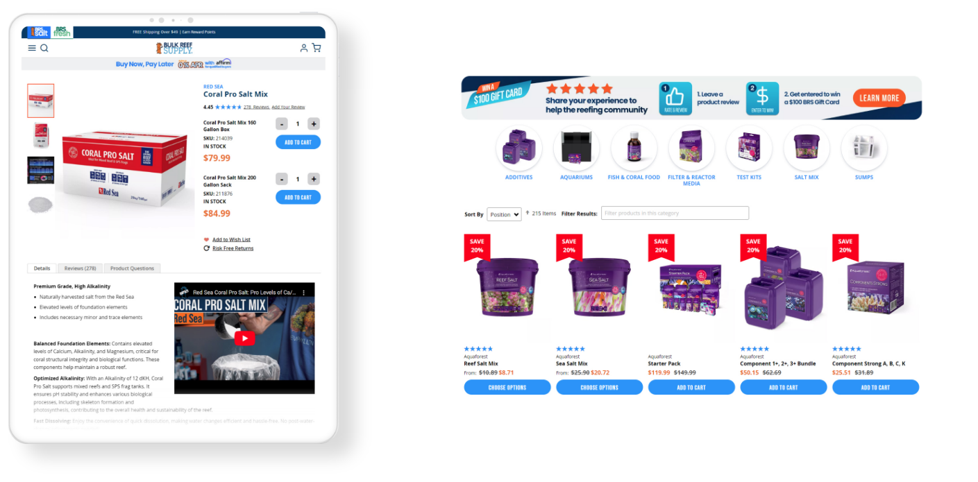 Bulk Reef Supply product page mockup after Magento 2 migration in landscape and portrait mode.