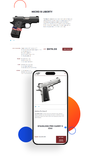 Kimber America website product details page mockup featuring Magento RMA Integration on desktop and mobile devices.