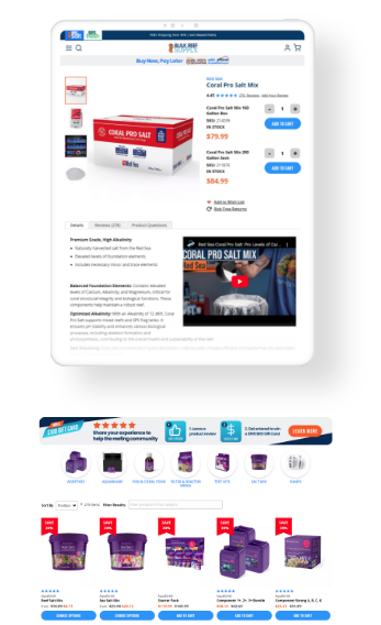 Bulk Reef Supply product page mockup after Magento 2 migration in landscape and portrait mode.