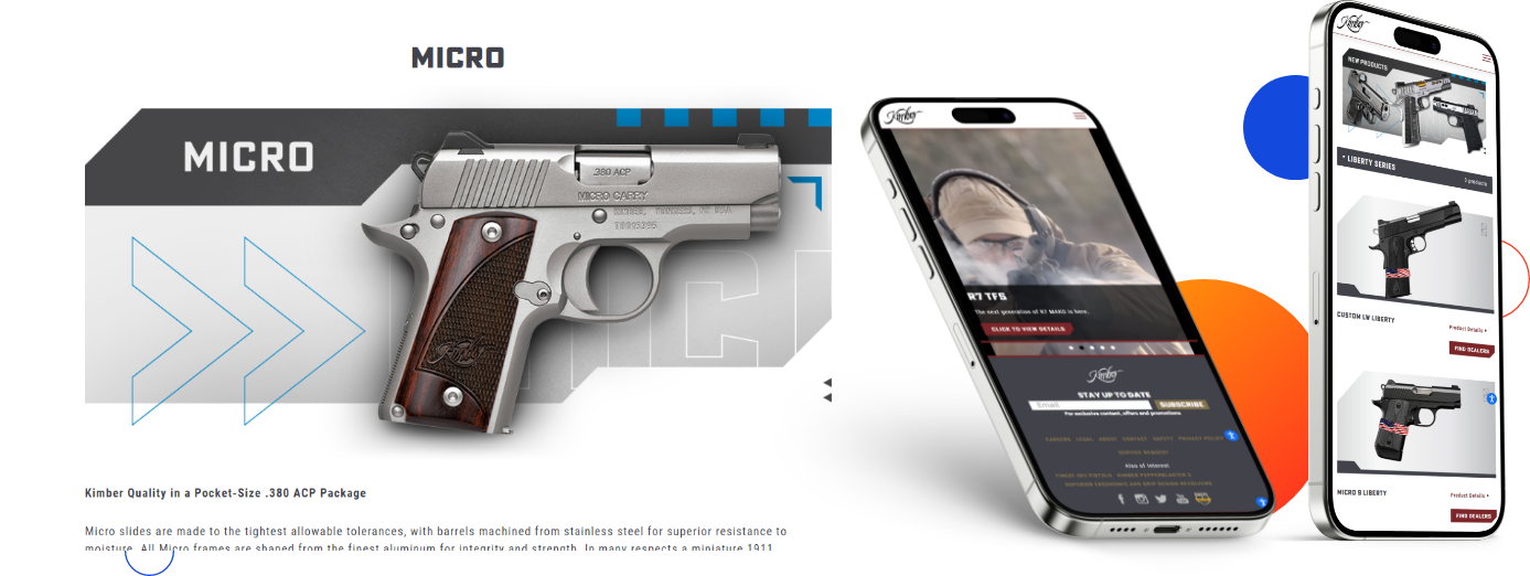 Kimber America website mockup after Magento RMA Integration on three different devices.