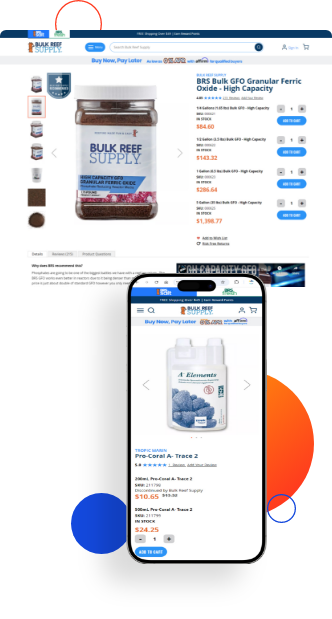 Bulk Reef Supply product details page mockup after Magento 2 migration on desktop and mobile devices.