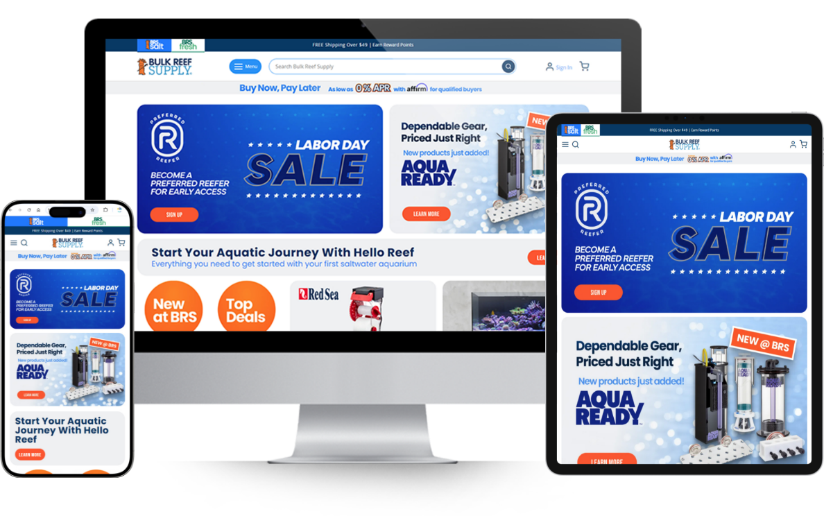 Bulk Reef Supply homepage mockup after Magento 2 migration on desktop, mobile, and tablet devices.