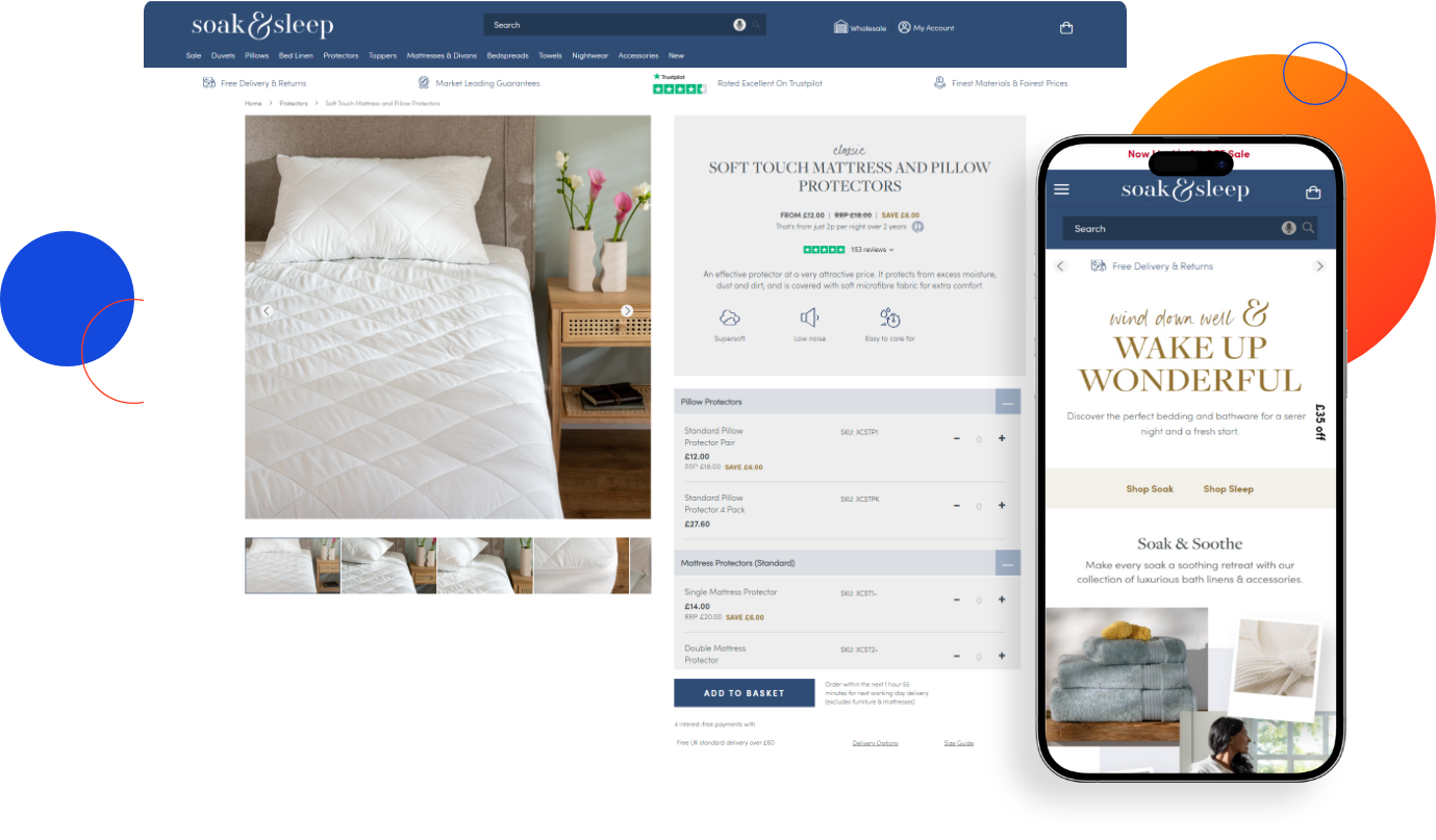 Soak & Sleep product details page mockup after Magento 2 platform upgrade on desktop and mobile device.