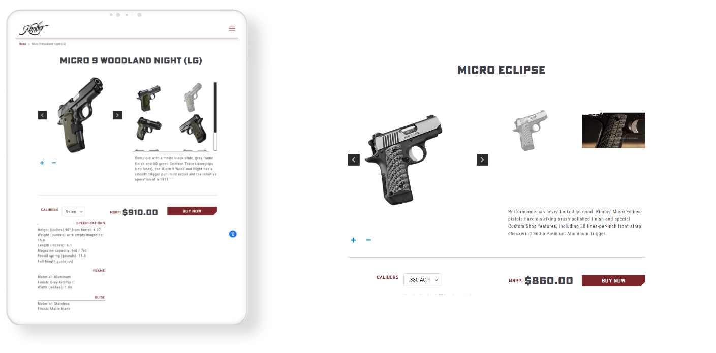 Kimber America website product page mockup after Magento RMA Integration displayed in landscape and portrait modes.