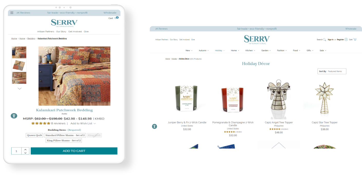 SERRV website product page mockup after CV3 to BigCommerce Migration on desktop and tablet devices.