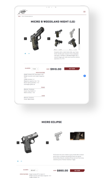 Kimber America website product page mockup after Magento RMA Integration displayed in landscape and portrait modes.