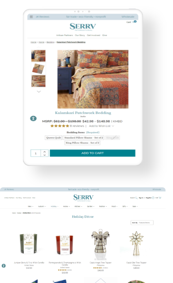 SERRV website product page mockup after CV3 to BigCommerce Migration on desktop and tablet devices.