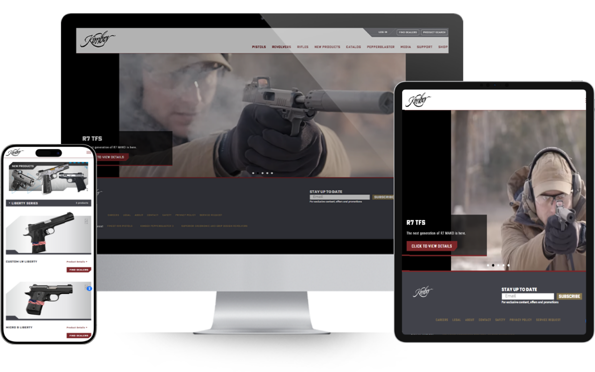 Kimber America website home page mockup after Magento RMA Integration on desktop, tablet, and mobile devices.