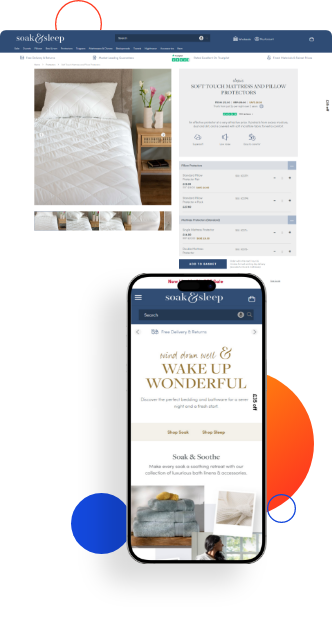 Soak & Sleep product details page mockup after Magento 2 platform upgrade on desktop and mobile device.