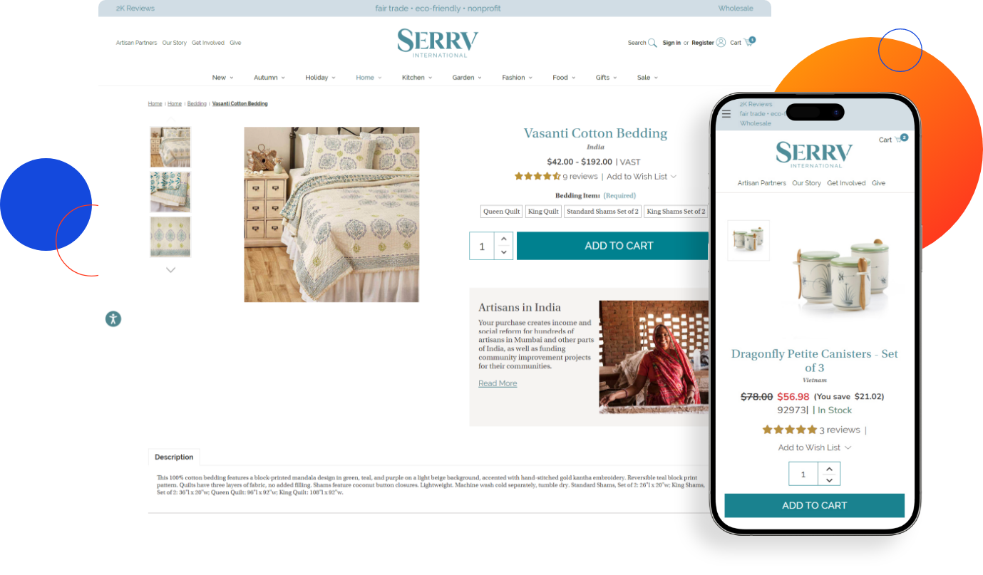 SERRV website product details page mockup on desktop and mobile devices after CV3 to BigCommerce Migration.