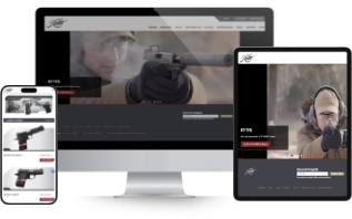 Kimber America website home page mockup after Magento RMA Integration on desktop, tablet, and mobile devices.