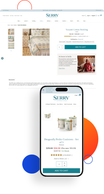 SERRV website product details page mockup on desktop and mobile devices after CV3 to BigCommerce Migration.