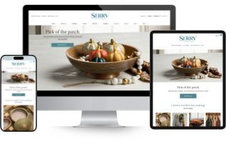 SERRV website home page mockup after CV3 to BigCommerce Migration in desktop, mobile & tablet devices.