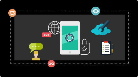 Featured image of eCommerce development service page with icons of mobile, shopping, and global connectivity.