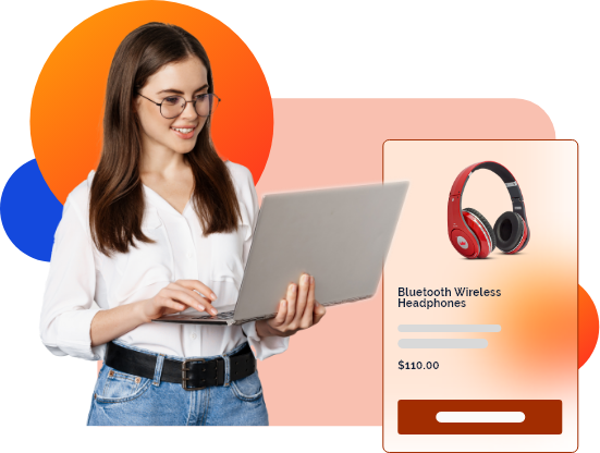 Magento upgrade service page image showing woman shopping online with headphones display.