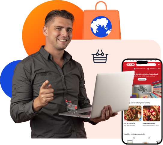 Magento upgrade service page image showing man shopping online with laptop and mobile app.