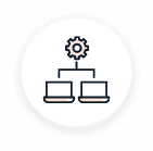 Icon of networked computers with a gear symbol, representing system integration.