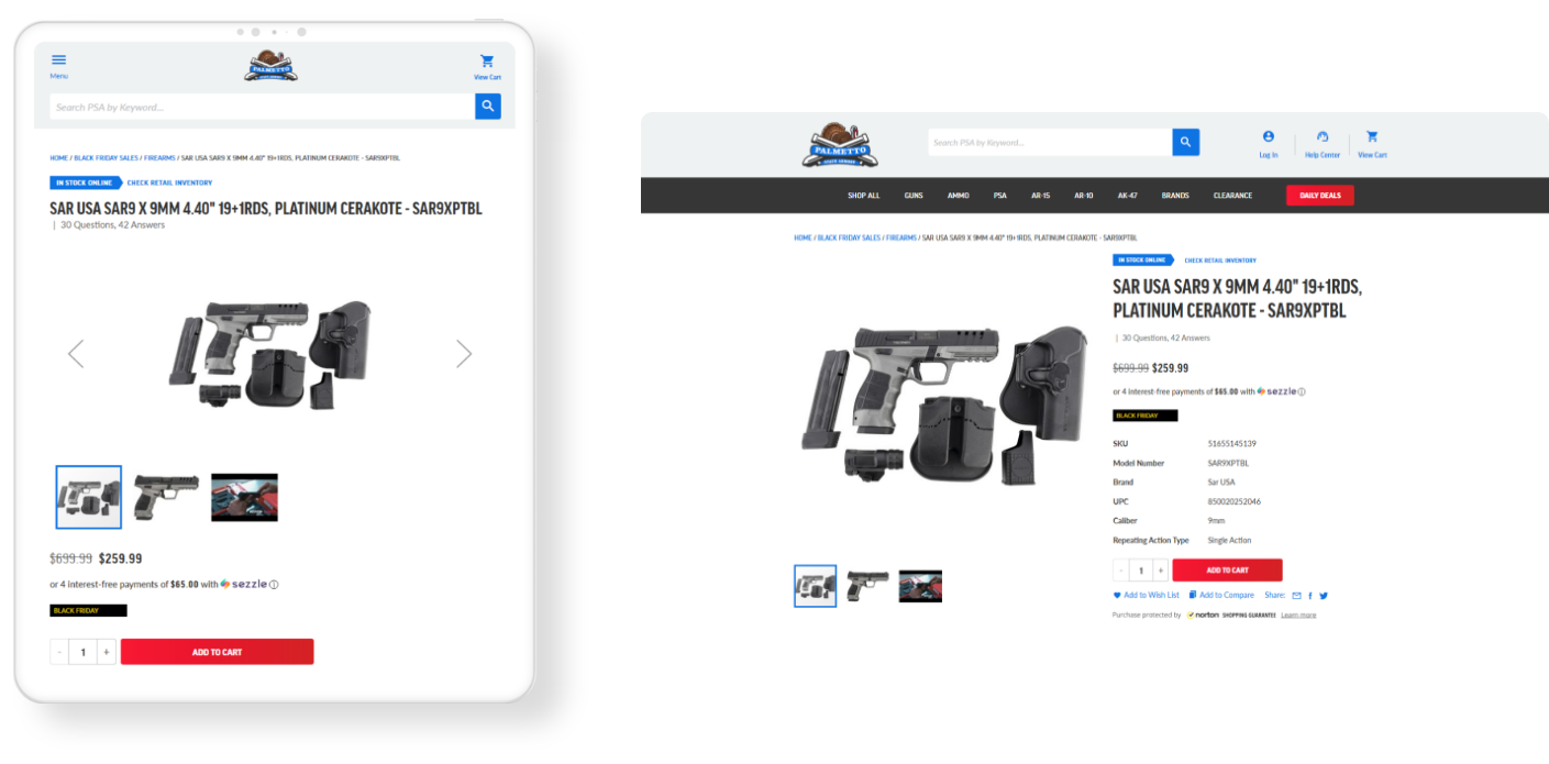 Palmetto State Armory product details page mockup on desktop and tablet devices by Wagento