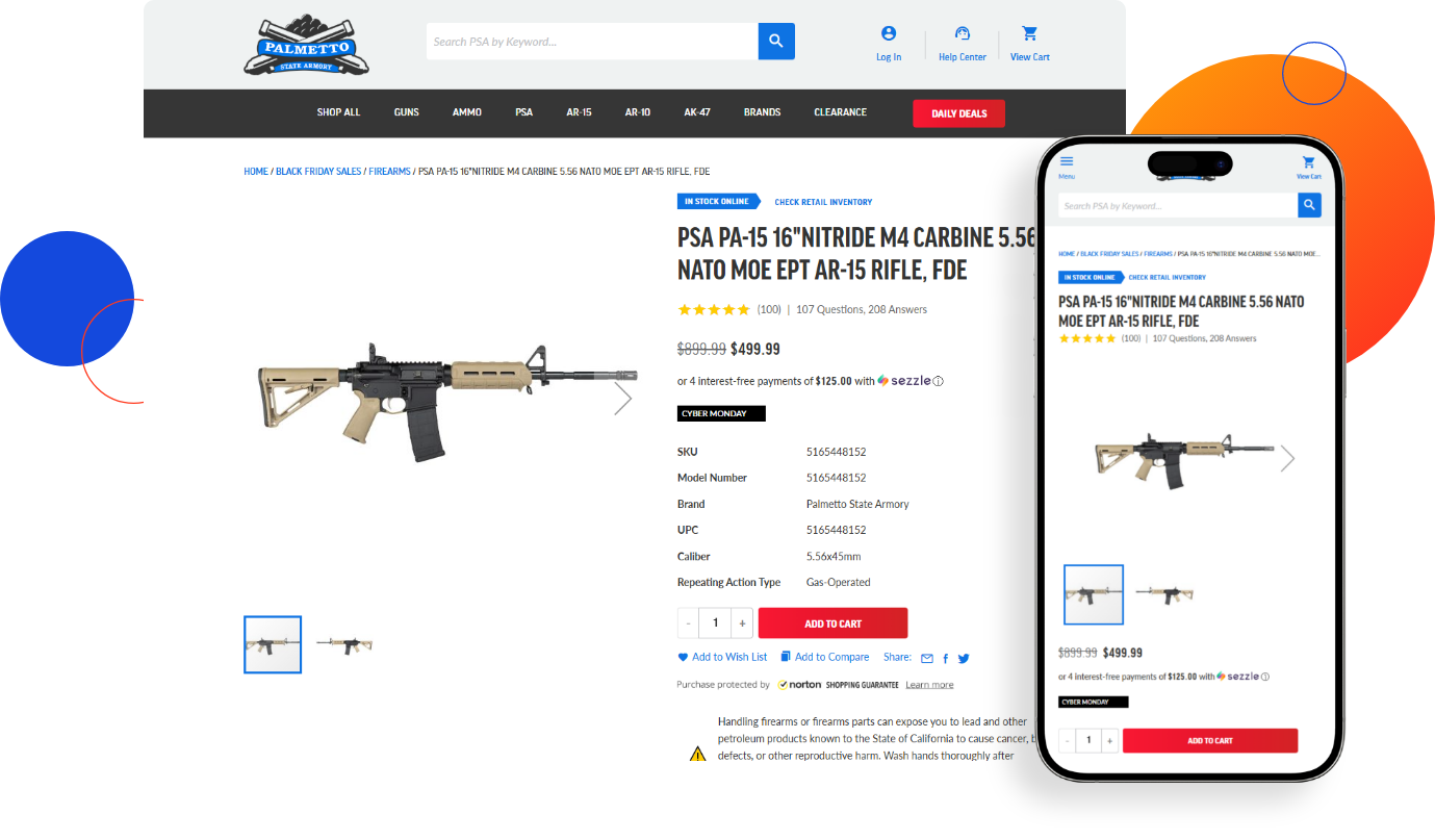 Palmetto State Armory product details page mockup on desktop and mobile devices by Wagento